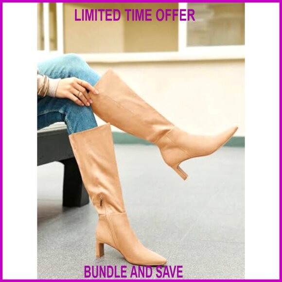 Knee High Boots Chunky Heel Side Zip Faux Suede Fall Dress Shoes - Picture 2 of 7